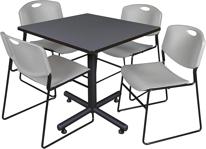Regency Kobe 42-Inch Square Breakroom Table, Grey, and 4 Zeng Stack Chairs, Grey (incomplete 1 box only consisting of table stem)