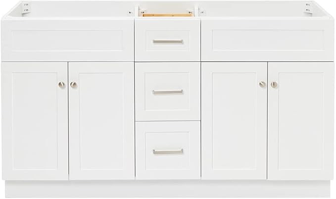 ARIEL 60" White Double Bathroom Vanity Base Cabinet, 2 Soft Closing Doors, 3 Full Extension Dovetail Drawers, Built in Toe Kick, 2 Enclosed Storage Shelves, Brushed Nickel (missing 1 sink basin and counter top)