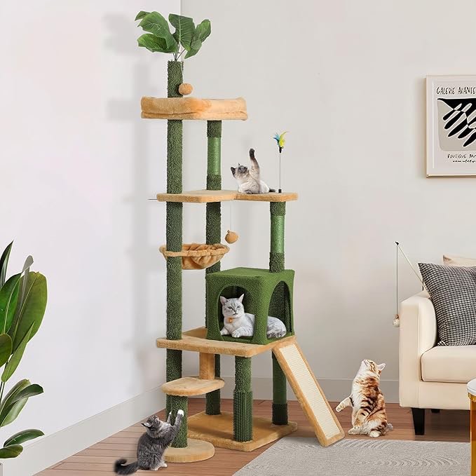 YITAHOME Tall Cat Tree Tower with leaves for Indoor Cats, Cute Cat Climbing Tower with Self-grooming Brush, Cat Condo, Top Perch, Basktet, Sisal Scratching Posts and Board, Toy Balls