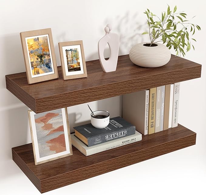 Floating Shelves for Wall, 2 Large Wall Mounted Shelves with Invisible Brackets, Long Wood Floating Wall Shelf Shelves for Living Room, Bedroom, Kitchen, (Walnut, 24" W x 9" D x 1.5" H)
