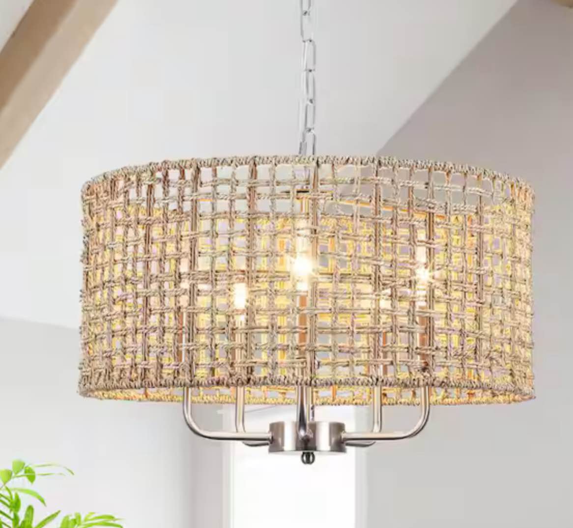 Nevarez 18.9 in. 5-Light Nickel Bohemian Pendant Natural Rattan Dimmable Chandelier with Hand Woven Drum Shade