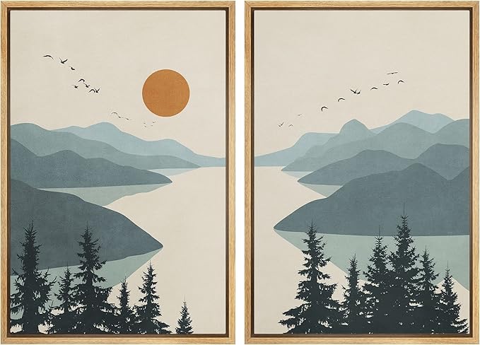 IDEA4WALL Framed Canvas Print Wall Art Green Pastel Watercolor Mountain Valley, Birds, River Abstract Shapes Illustrations Modern Landscapeor Living Room, Bedroom, Office - 16"x24"x2 