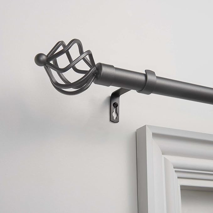 Exclusive Home Torch 1" Curtain Rod and Coordinating Finial Set, Gunmetal, Adjustable 66"-120"
