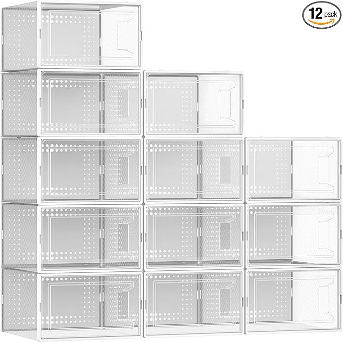 Secret Space 12 Pack Extra XX Large Shoe Organizer Storage Boxes for Closet, Modular Space Saving Shoe Boxes Clear Plastic Stackable Sneaker Containers Display Case with Lids, White02