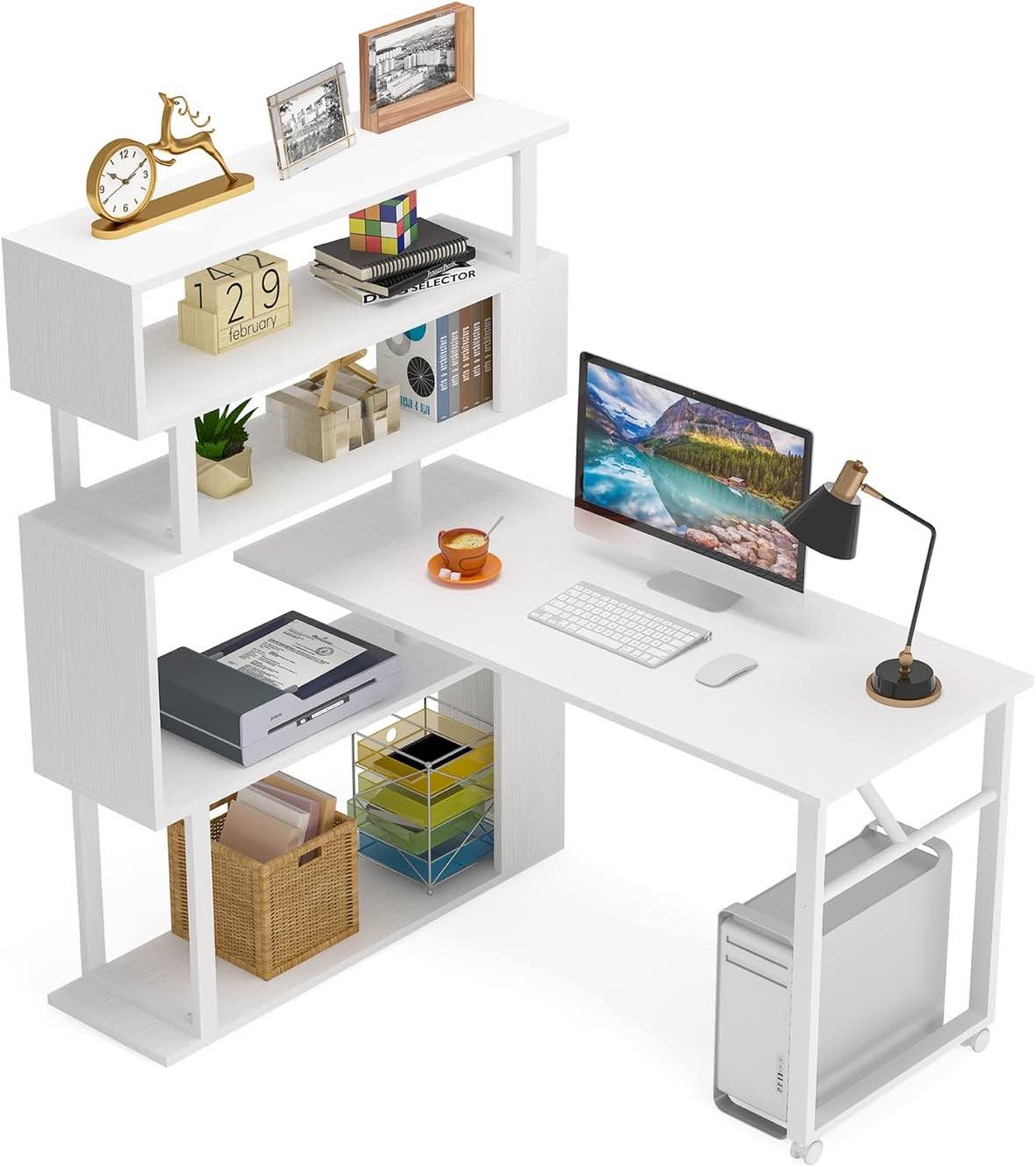 Tribesigns Rotating Computer Desk with 5 Shelves Bookshelf, Modern L-Shaped Corner Desk HOGA-C0245-A