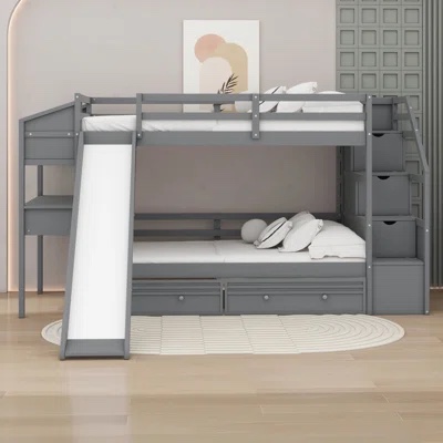 Twin Over Twin Bunk Bed With Storage Staircase, Slide And Drawers Color: Gray (incomplete box 2 of 3 only)