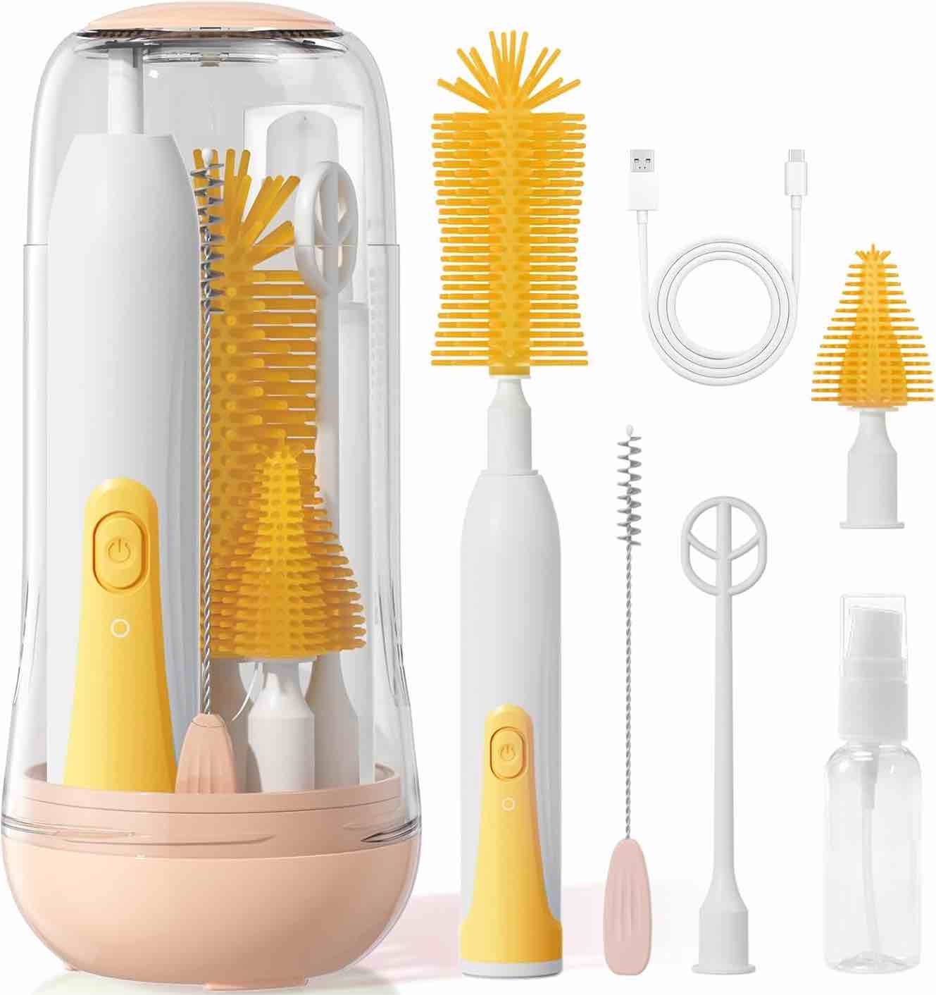 Electric Bottle Brush Cleaner, Baby Bottle Cleaning Set with Nipple Straw Brushes Drying Rack ??Soap Dispenser Rechargable Waterproof Multi-use E-Brush Kit