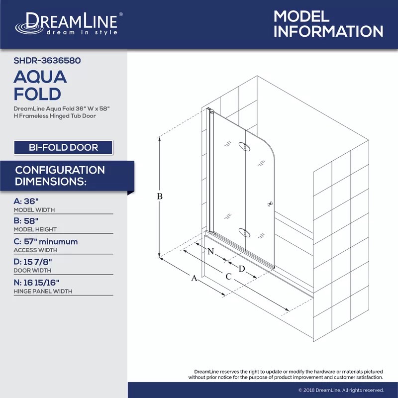 aqua fold 36”x58h folding semi-frameless tub door 