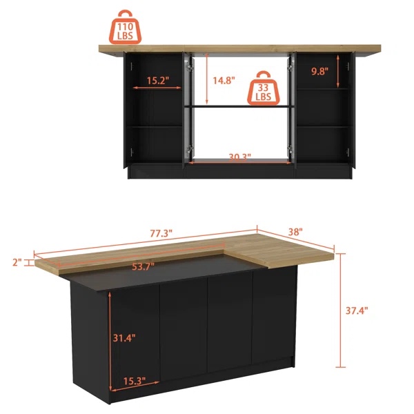 Arvene 77.3'' Kitchen Island with Manufactured Wood Top
