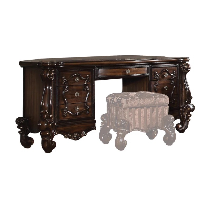 Carvajal Transitional 7-Drawer Vanity Desk with Oversized Scrolled Legs Color: Cherry Oak