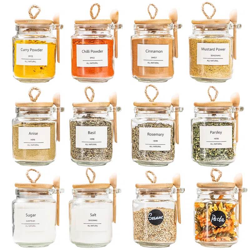 Airtight Glass Spice Jars with Bamboo Lids 8oz Spice Bottles White Spice Jars with Label & Spoon 11 