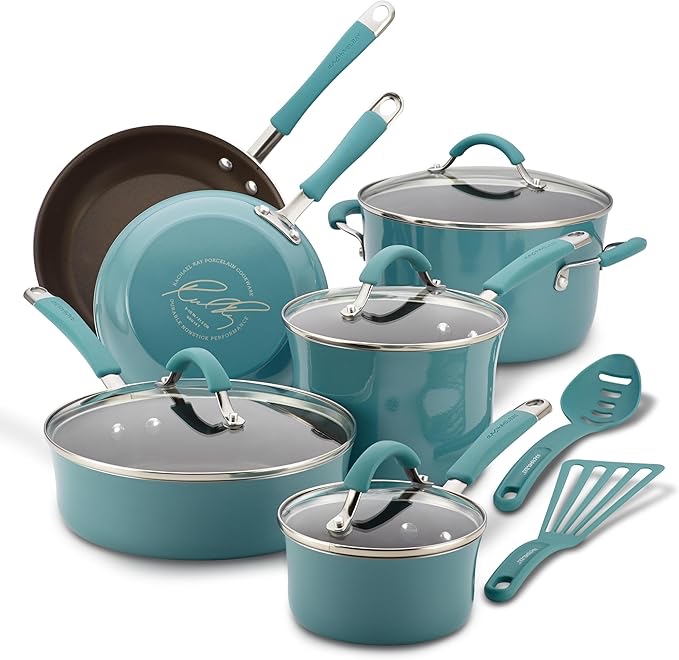 rachael ray cucina nonstick cookware pots and pans set, 12 piece, agave blue