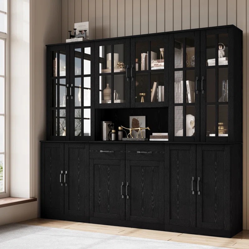 71" H X 78.8" W Bookcase Cabinet With Glass Doors And Large Storage Drawers(2D+E)