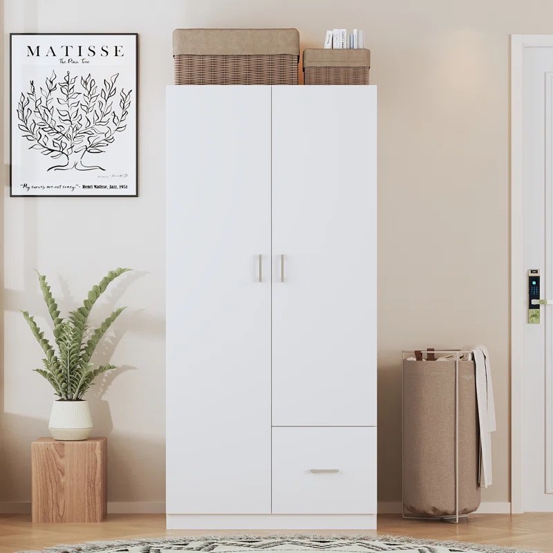 Double Door Wooden Closet with Hanging Rod, 5 Fixed Shelves, One Storage Drawer box 2 of 2 