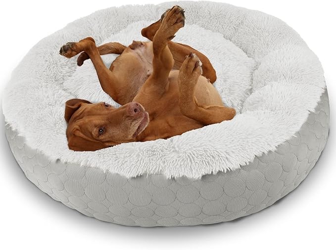 HACHIKITTY Dog Donut Bed Calming Bed Donut Round, Fluffy Dog Bed Medium Large Dogs, Cooling Warming Soft Dog Cushion Bed, Double Sided Available Donut Bed with Warm & Cool Sides(X-Large, Grey) X-Large Grey