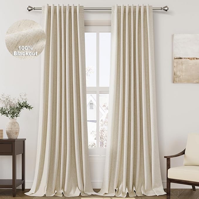 Nanspring Beige Blackout Linen Curtains 108 Inches Long 2 Panels Set for Bedroom Extra Long Tan Oatmeal Thermal Insulated Energy Saving Curtains for Living Room High Ceiling Length 9 FT