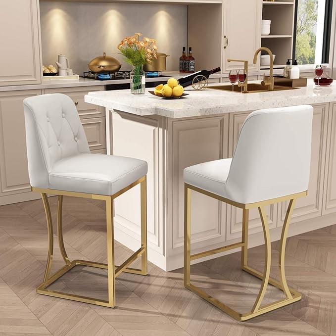 24" Counter Height Bar Stools with Back Kitchen Island Stools Finish: White/Gold set of 2 