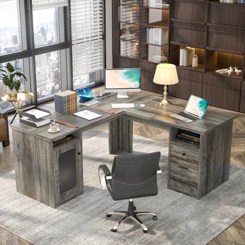 Detcho 60'' L Shaped Executive Desk with Drawers and Power Outlets Color: Gray *incomplete* 