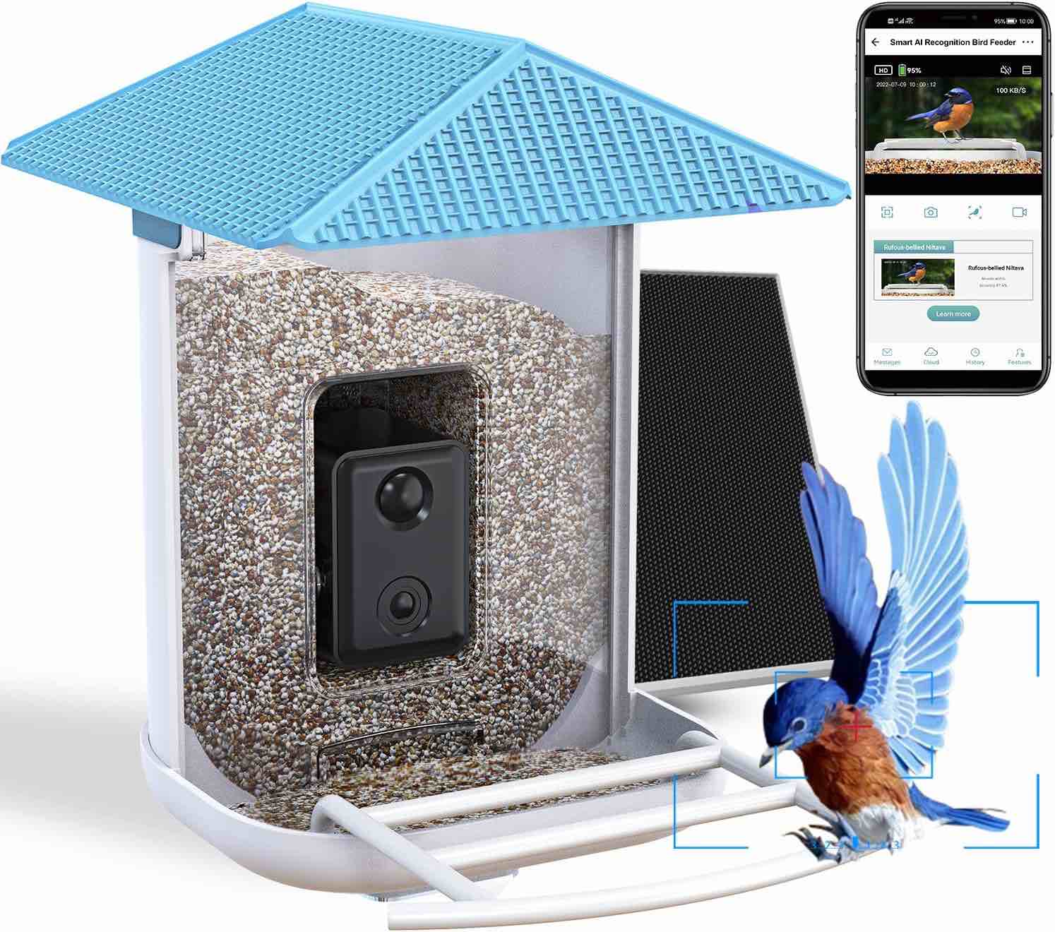 AI Smart Bird Feeder with Camera Solar Powered - 1080P HD Camera for Bird Watching Auto-Identifies 11,000+ Birds, 128GB Micro SD Card Included, Real-Time Viewing, 30 Days Free Cloud Storage