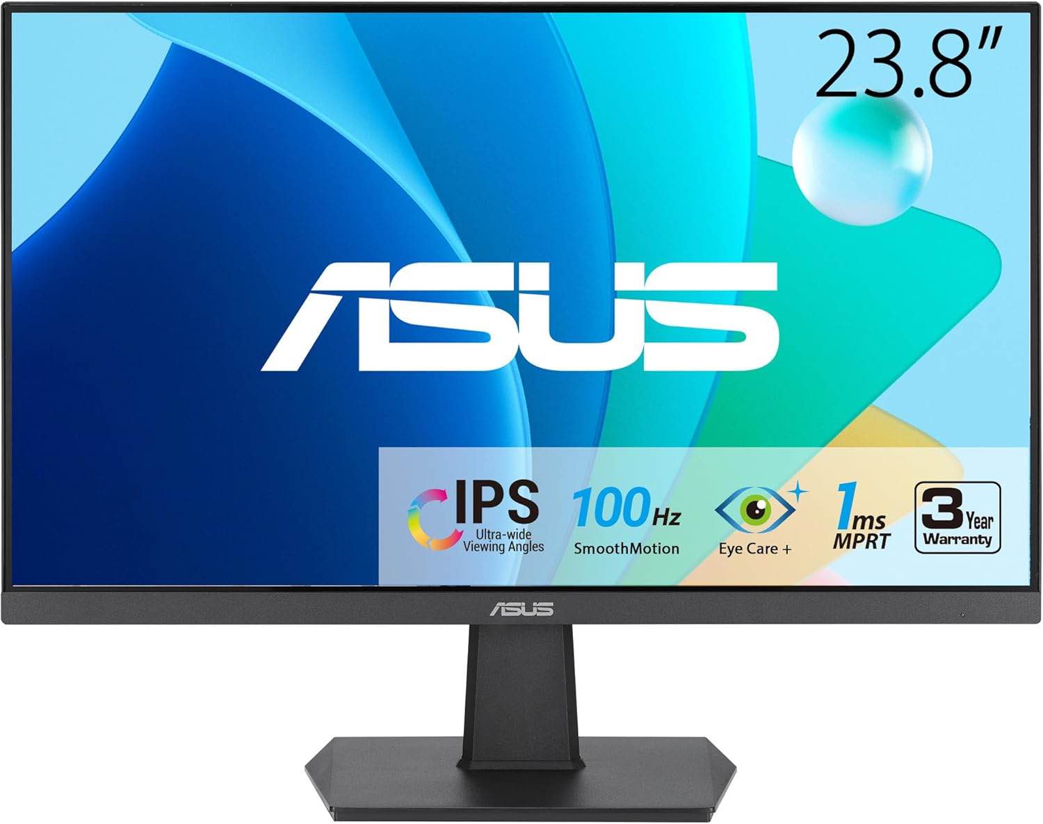 ASUS 24 (23.8-inch viewable) 1080P Eye Care Monitor (VA24EHF) - IPS, Full HD, Frameless, 100Hz, 1ms, Adaptive-Sync, for Working and Gaming, Low Blue Light, HDMI, VESA Mountable, Tilt, BLACK