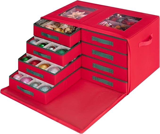 StorageWorks Christmas Ornament Storage, Stores up to 128-3" Ornaments, Christmas Ornament Storage Box with Adjustable Dividers, Christmas Ornament Storage Containers with Removable Trays., Red