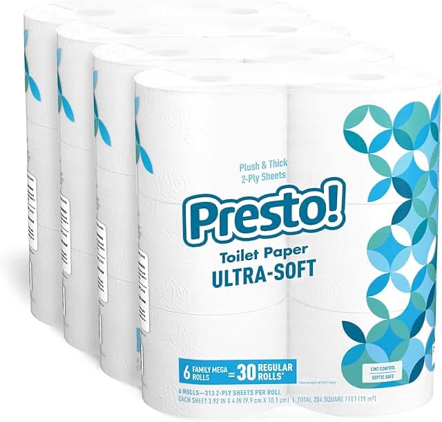 Amazon Brand - Presto! 308-Sheet Mega Roll Toilet Paper, Ultra-Soft, 6 Count (Pack of 4), 24 Mega Rolls = 112 regular rolls