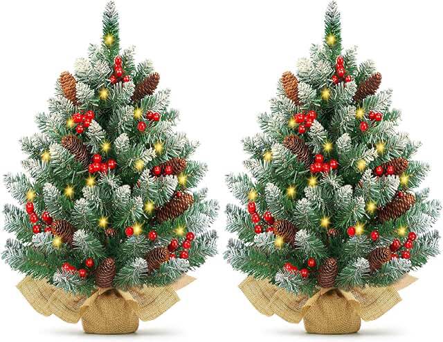 2Pack 24 Inch Snow Flocked Prelit Christmas Tree Decor with 50 Warm Lights Timer Battery Operated Red Berries Pine Cones for Tabletop Christmas Decorations Home Indoor