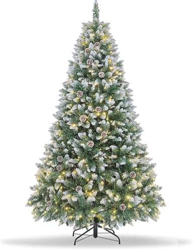 Best Choice Products 7ft light Pre-Decorated Holiday Christmas Tree for Home, Office, Party Decoration w/ 1,346 PVC Branch Tips, Partially Flocked Design, Pine Cones, Metal Hinges & Base