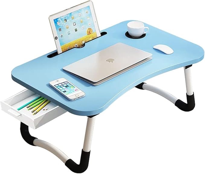 Lap Desk with Storage Drawer, Cup and Phone Holder, Laptop Bed Tray Table, 23.6" Foldable Laptop Desk, Laptop Stand for Working, Writing, Gaming and Drawing (23", Blue)