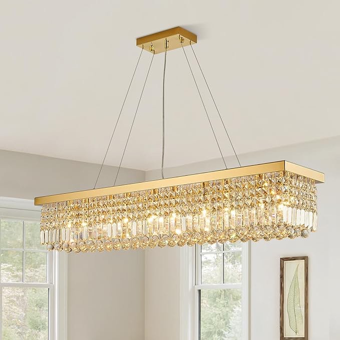Siljoy 10-Lights Gold Crystal Chandelier for Dining Room, Modern Linear Rectangular K9 Crystal Raindrop Chandelier, Rectangle Flush Mount Pendant Light Fixture for Kitchen Island L47'' x W10'' x H10''