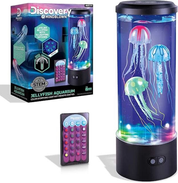 Discovery #Mindblown Jellyfish Aquarium Color-Morphing Lamp with 15 Light Options and Remote Control, Educational Biology Themed Bedroom Light for Kids & Adults Ages 8 and Up