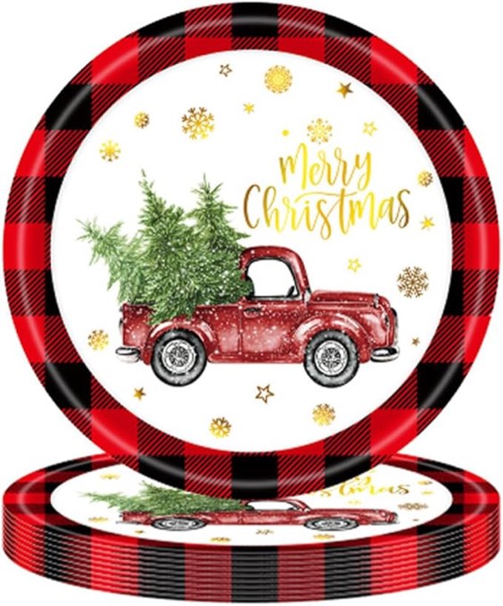 Furimuk Christmas Paper Plates Rustic Truck Red Black Plaid Border Printed Round Disposable Plates Dinnerware for Christmas Holiday Dinner Birthday Party Supplies (24 Pcs)