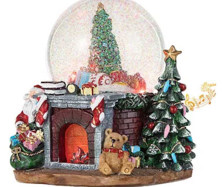 Christmas Resin Lighted Musical Christmas Tree On Fireplace Waterglobe