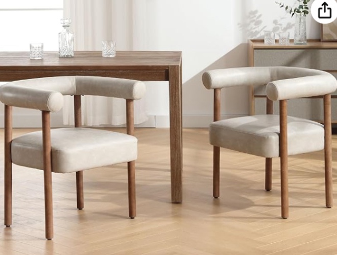 VESCASA Upholstered Dining Chairs with Natural Brush Wood Legs, Faux Leather Mid-Century Modern PU Dining Chairs with Curve Padded Open Back for Dining Room, Kitchen, Set of 2, Light Grey