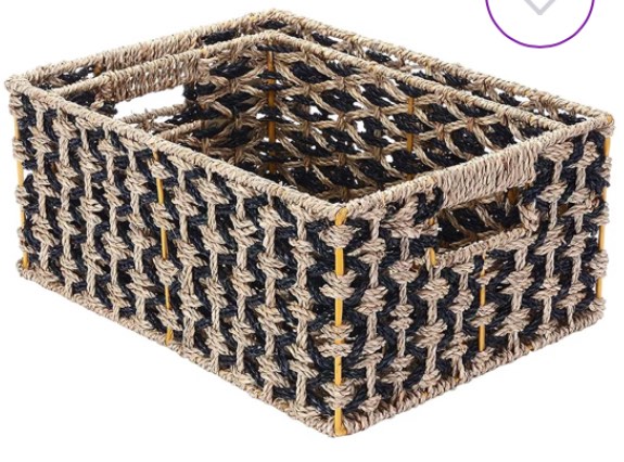 Villacera Rectangle Hand Weaved Wicker Baskets made of Water Hyacinth- Nesting Black and Natural Seagrass Bins