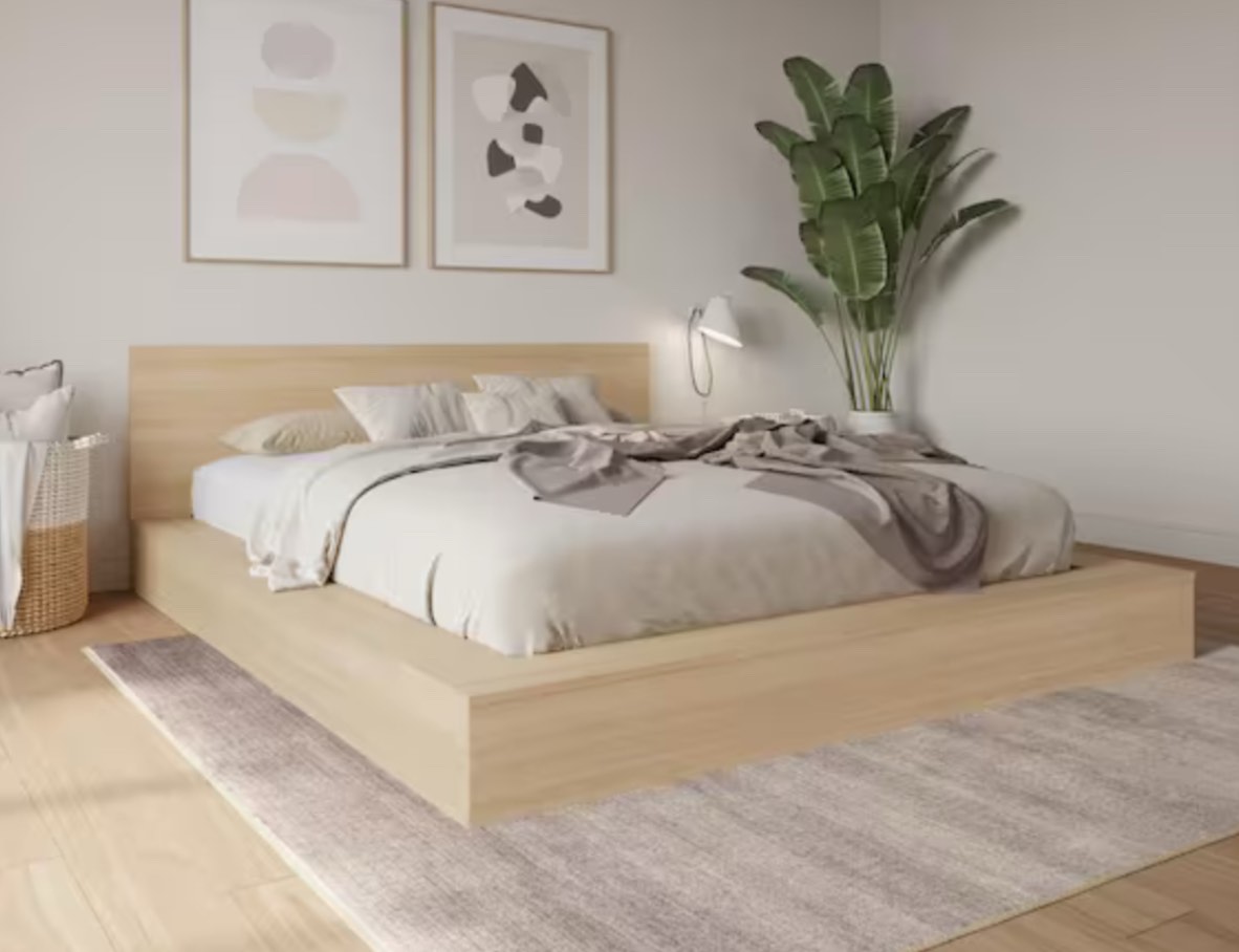 Kanso Beige Oak Frame Queen Size Low Profile Platform Bed with Headboard(incomplete box 1/2)