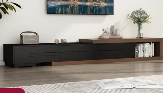 extendable tv stand, wood reversible entertainment center with 3 large drawers