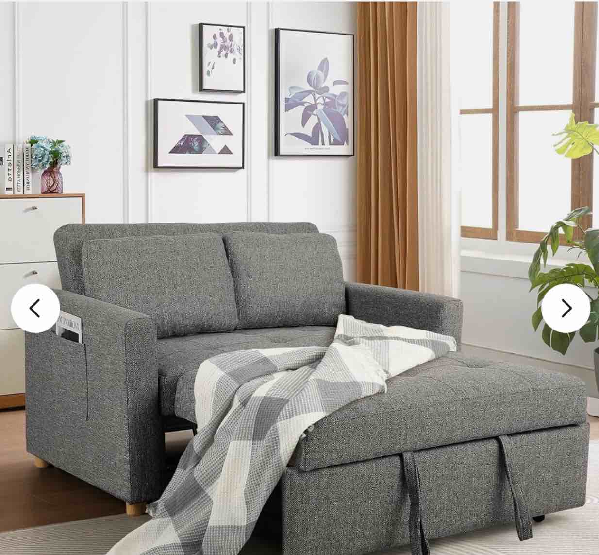 Convertible Sofa Bed, Linen Fabric Sleeper Couch Pull Out Bed Home Loveseat(incomplete box 1/2)