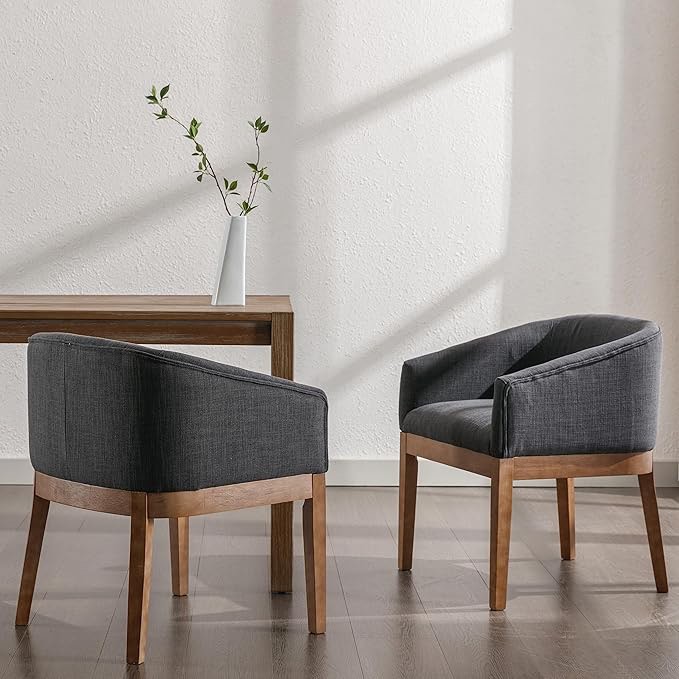 Mid-Century Modern Charcoal Dining Chairs Set of 2, Linen Upholstered Kitchen Dining Room Chairs with Wood Legs, Curved Backrest Armhairs, Charcoal