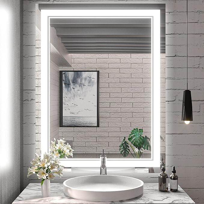 Keonjinn LED Bathroom Mirror with Lights, 28 x 36 Inch Front Lighted Vanity Mirror, HD Tempered Glass, UL-Listed LED Driver, Anti-Fog, 6000K Dimmale, Memory Function, Easy Installation