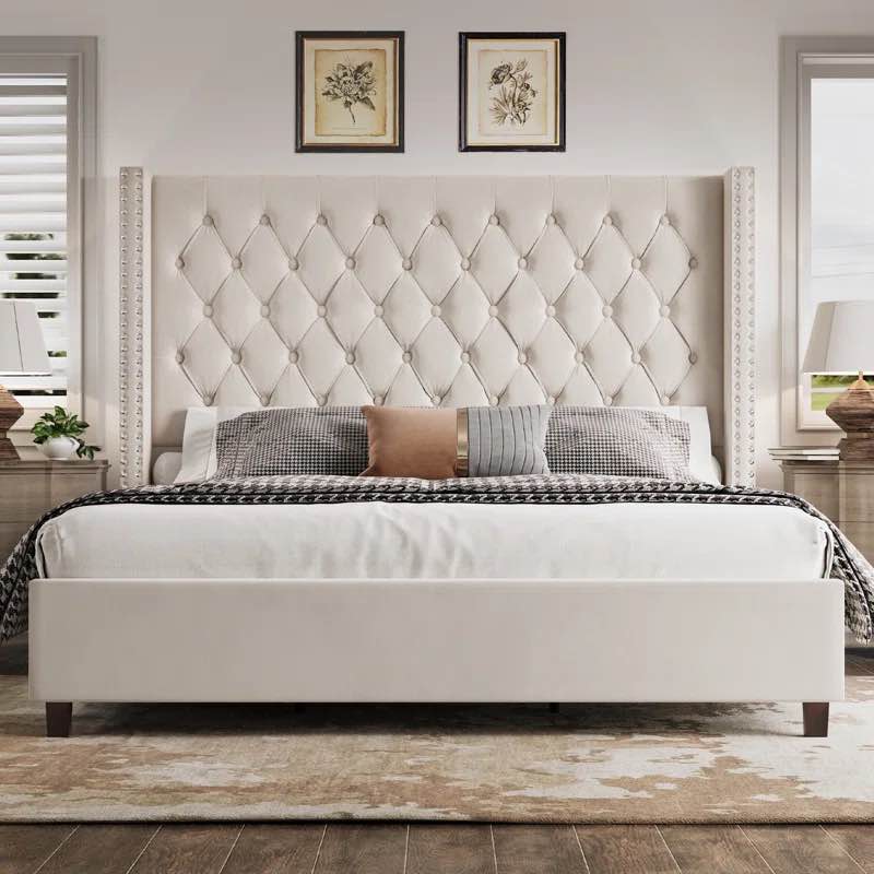 Bed Frame with 61.4" Tall Headboard Upholstered Velvet Platform Bed king
