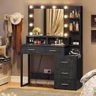 Makeup Vanity with Lights and Charging Station, Black Vanity Desk with Mirror and Lights, Makeup Table with 5 Drawers and Shelves, Vanity Mirror with Lights Desk, Black Wood Grain (incomplete The mirror is missing)