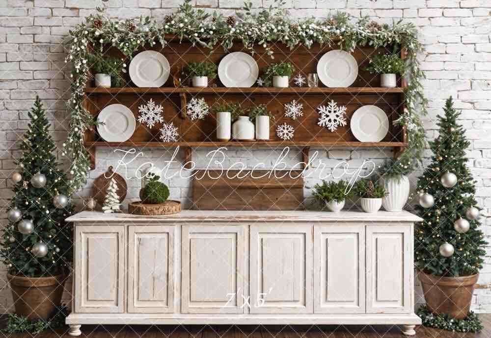 Kate Christmas White Retro Kitchen Brick Wall Backdrop Designed by Emetselch, (unknown size)