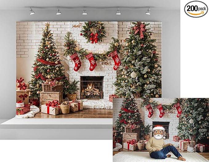 ( similar to the photo ) Kate Christmas Tree s Backdrops for Photography Xmas Santa Socks Background White Fireplace Background Celebrate Holiday Party Portrait Studio Backdrop ( unknown size )