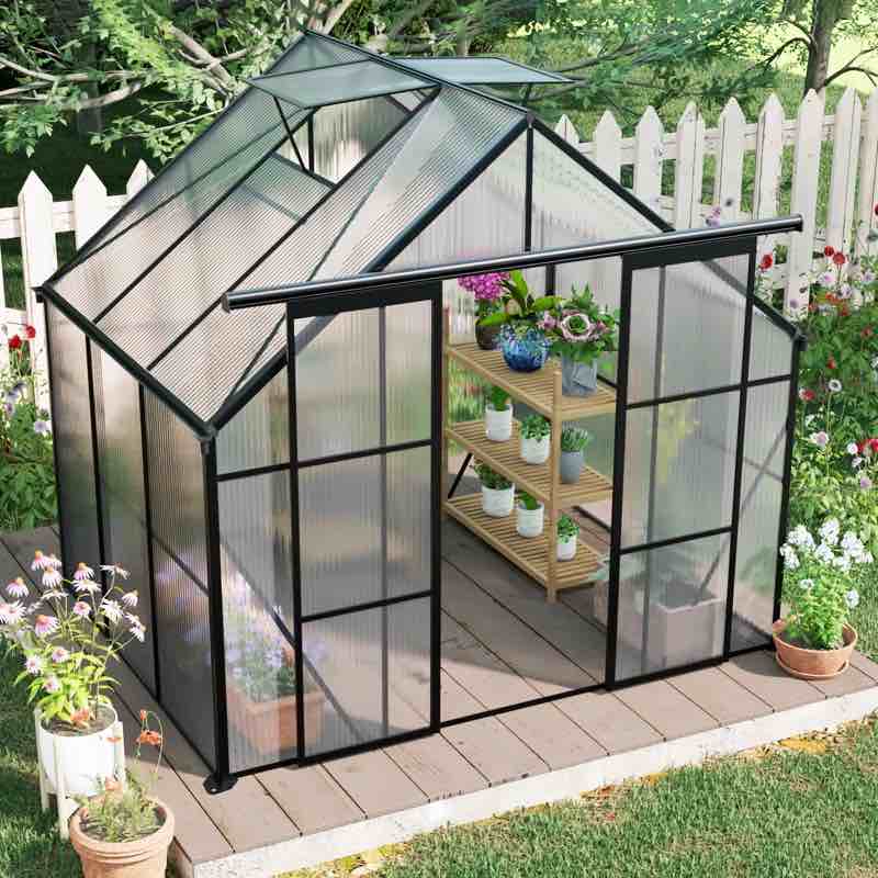 8x6 Polycarbonate Greenhouse With Double Door For Outdoor Backyard Black