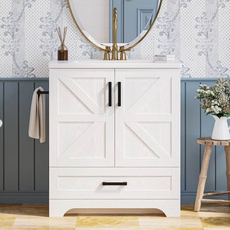 Bathroom Vanity, 30" Bathroom Vanity With Sink, Farmhouse Wood Fixture Stand Pedestal Bathroom Cabinet With Drawer, Easy Assembly