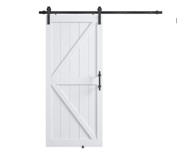 (similar to stock photo)36in x 80in MDF Sliding Barn Door with 6.6ft Barn Door Hardware Kit & Handle, Pre-Drilled Holes Easy Assembly -Solid Wood Slab Inside Covered with Water-Proof PVC Surface, White, K-Frame