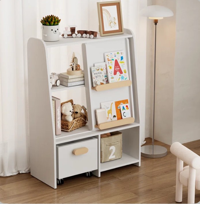 Kids Bookcase with Sliding Door and Drawer, Organizer Cabinet, Book Display
