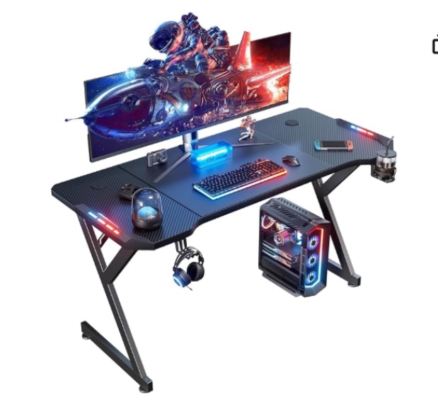 120 Cm Full Size Hldirect Gaming Desk With LED Lights, Home Office Gamer Desk, Ergonomic Computer Table With Large Carbon Fiber Desktop, Office Workstation With Mouse Pad, Cup Holder & Headphone Hook, Black