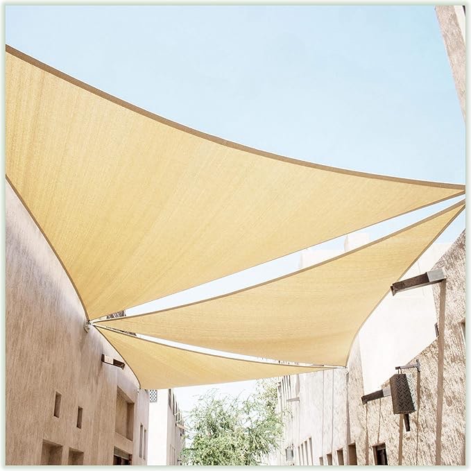 ColourTree 20' x 20' x 20' Beige Triangle TAPT20 Sun Shade Sail Canopy Mesh Fabric UV Block UPF50 - Commercial Heavy Duty